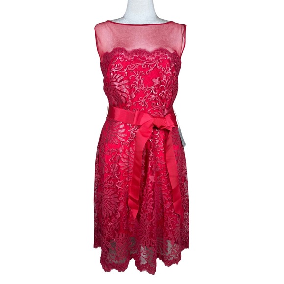 Tadashi Shoji Other - Tadashi Shoji Dress Womens 16 Red Sequin Lace Illusion Ribbon Belt Cocktail New